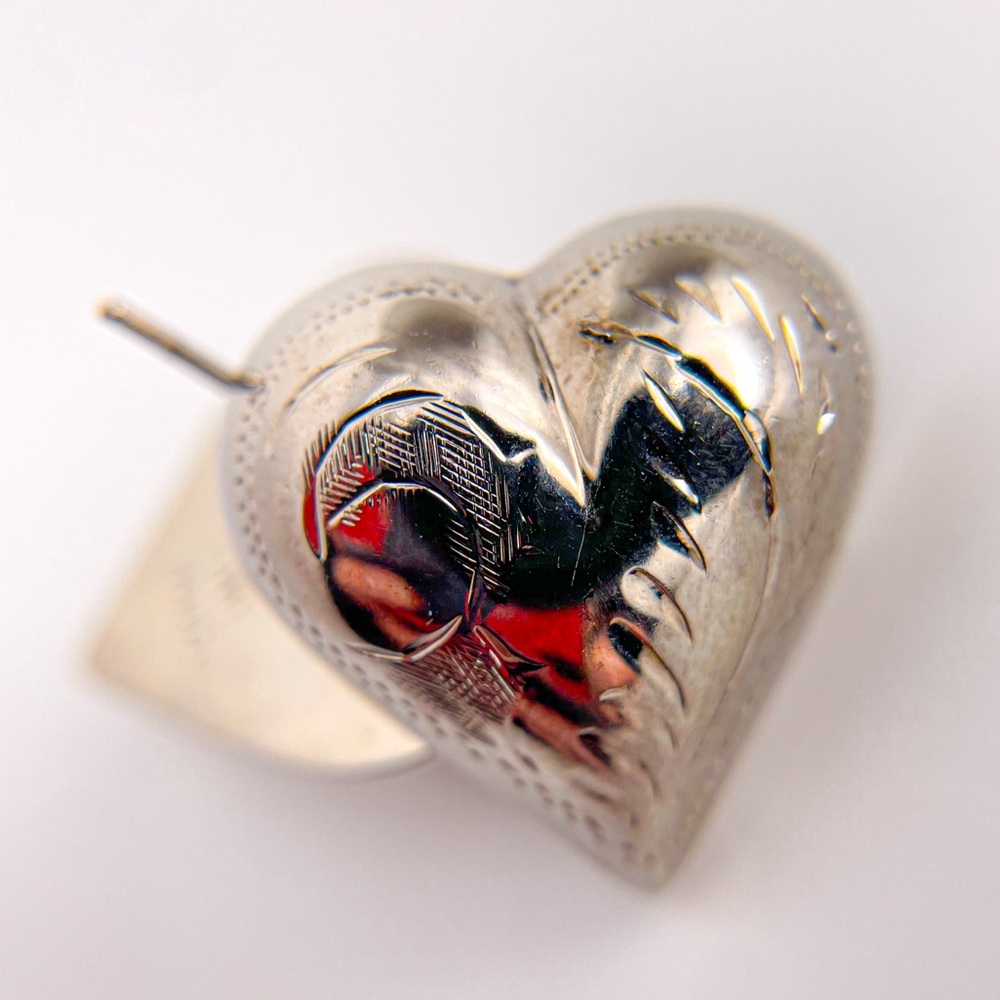 Vintage 70’s Puffy Heart 925 Sterling Silver Scroll Etched Pierced Stud Earrings